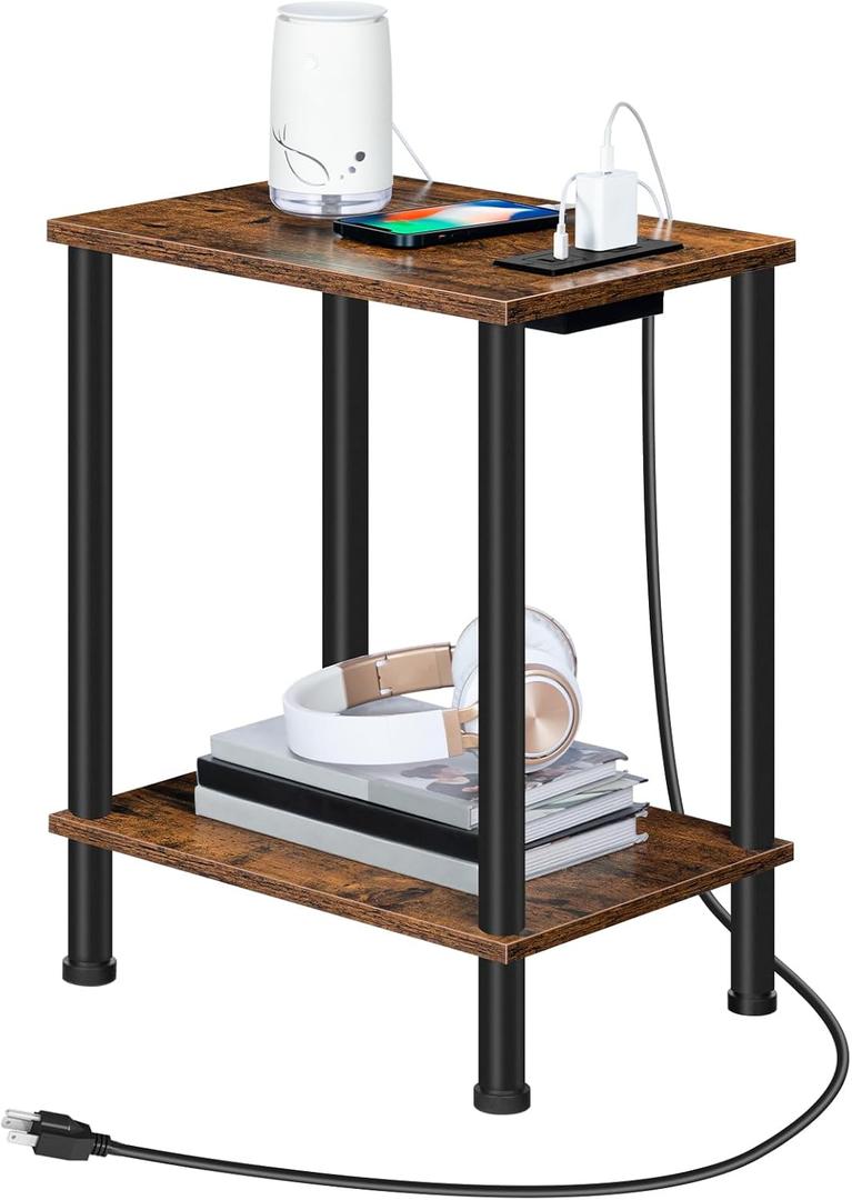 HOOBRO Side Table with Charging Station, Small End Table with USB Port and Outlet, Nightstand with 2-Layer Storage Shelves for Small Spaces, Living Room, Bedroom, Stable Frame, Rustic Brown BF09UBZ01