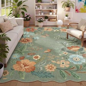 Lahome Floral Washable Rugs 8x10, Non-Slip Soft Green Rug Stain Resistant, Ultra-Thin 8x10 Rugs for Living Room Easy Clean Boho Accent Carpet for Dining Room Office Flore (8x10ft,Green)