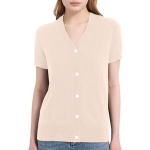 Womens 100% Merino Wool Short Sleeve Cardigan Sweaters V-Neck Button Down Sweater T-Shirt Casual Business Summer Tops (Beige, M)