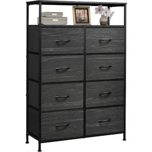 WLIVE Fabric Dresser for Bedroom with Open Shelves, Tall Dresser with 8 Drawers, Storage Tower with Fabric Bins, Chest of Drawers for Closet, Living Room, Hallway, Charcoal Black Wood Grain Print