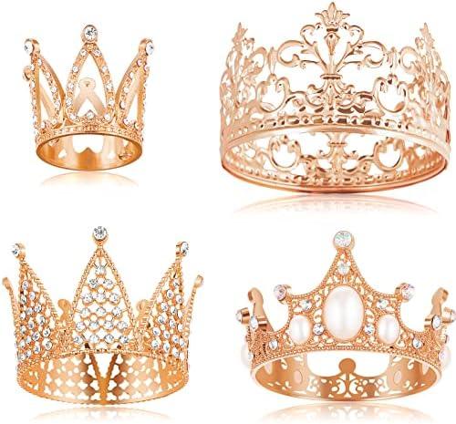 Jetec 4 Pcs Mini Crown Cake Topper Flower Bouquets Accessories, Metal Rhinestone Princess Tiara, Royal Decor for Baby Shower, Wedding, Birthday & Pets(Rose Gold,Cute Style) 2 pack