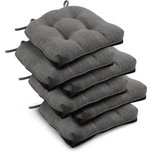 downluxe Indoor Chair Cushions for Dining Chairs, Tufted Overstuffed Textured Kitchen Chair Pads with Ties and Non-Slip Backing, 15.5" x 15.5" x 4", Dark Grey, 6 Pack