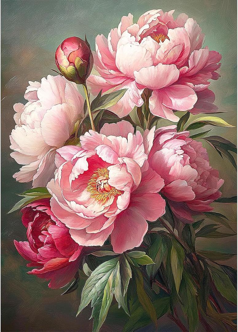 MEIYUDA Flowers Diamond Painting Kits for Adults, 5D Peony Diamond Art Kits for Adult Beginners, Flowers DIY Full Diamond Art Painting Kit for Home Wall Decor Gift 12x16inch