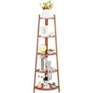 5-Tier Corner Shelf Stand, Tall Wood Shelf, Bookshelf for Living Room, Bedroom, Office, Plant Display, Rustic Brown Freestanding Triangle Storage Rack