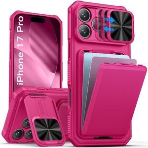 SSLOTSCASE for iPhone 17 Pro Case Wallet with Card Holder & Camera Cover Stand & Hidden Kickstand & Slide Camera Lens Cover, Heavy Duty Rugged Protection Phone Case Cover for iPhone 17 Pro 2025, Pink