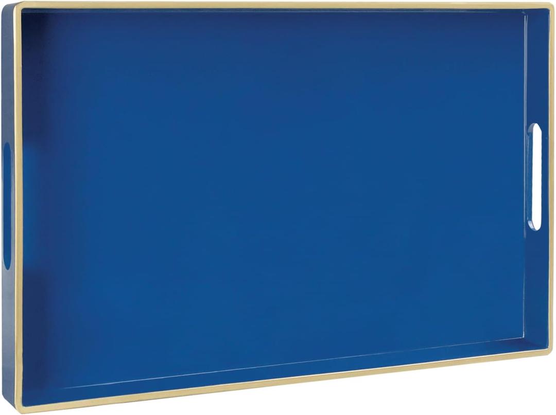 MAONAME Navy Blue Serving Tray with Handles, Modern Decorative Trays for Coffee Table, Plastic Rectangular Trays for Ottoman, Bathroom, Decor, 15.8 x 10.2 x 1.4"