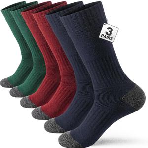 Mens Wool Crew Socks Winter Thermal Socks for Men Thick Cushioned Warm Hunting Hiking Socks Size 9-12, 2/3 Pack (Navy/Red/Green, 3 Pairs)