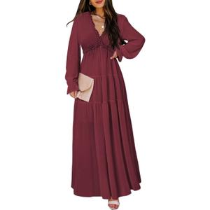 BLENCOT Womens Casual V Neck Long Sleeve Long Evening Dress Cocktail Party Maxi Wedding Dresses Solid Color Wine Red X-Large