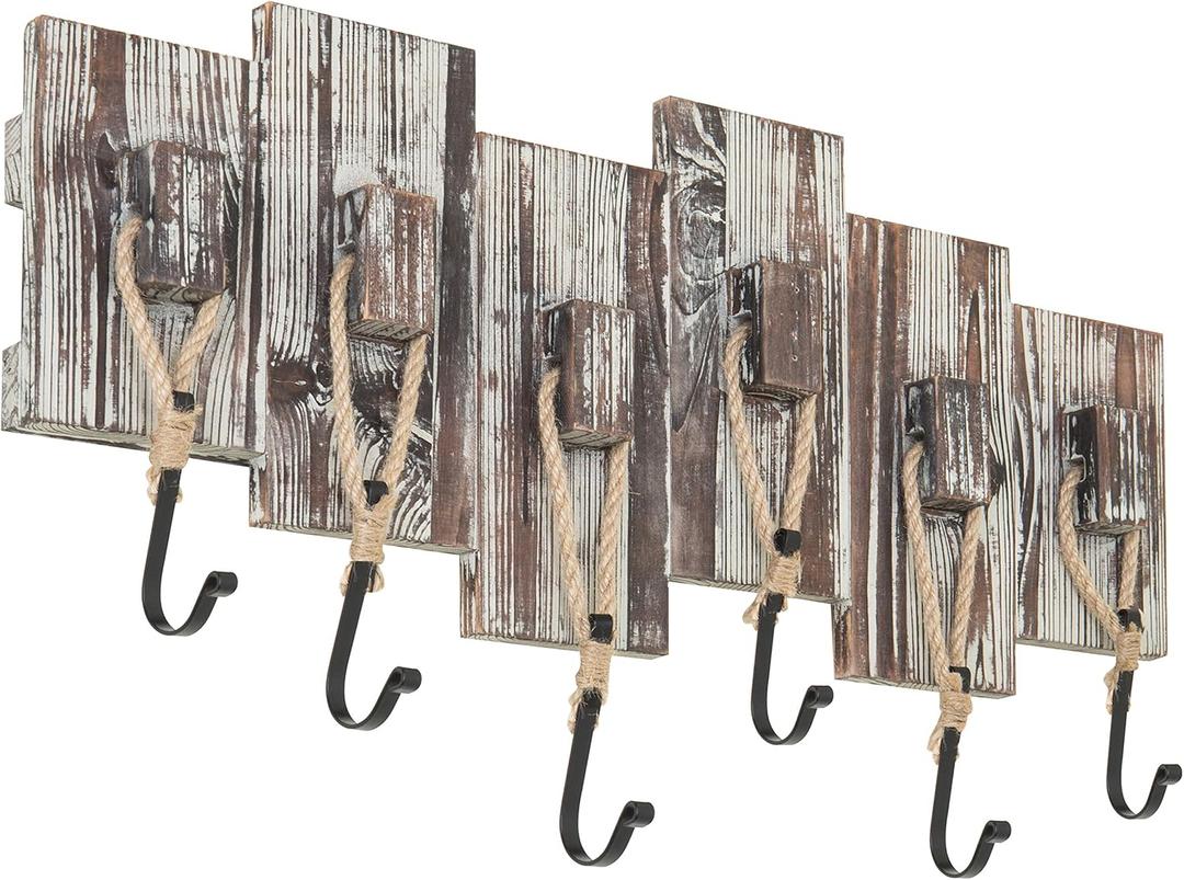 MyGift 6 Hook Wall Mounted Torched Wood Entryway Coat and Hat Rack, Decorative Nautical Style Rustic Rope Metal Hanging Storage Hooks on Offset Wooden Planks