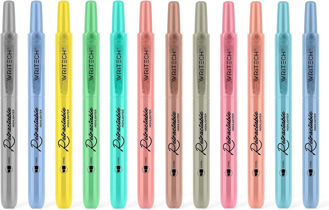 WRITECH Retractable Highlighters Assorted Colors: Chisel Tip Click Aesthetic Highlighter Marker Pens Pack Multi Colored Ink No Bleed Smear for Highlighting Journaling (12ct Mild+Vintage)