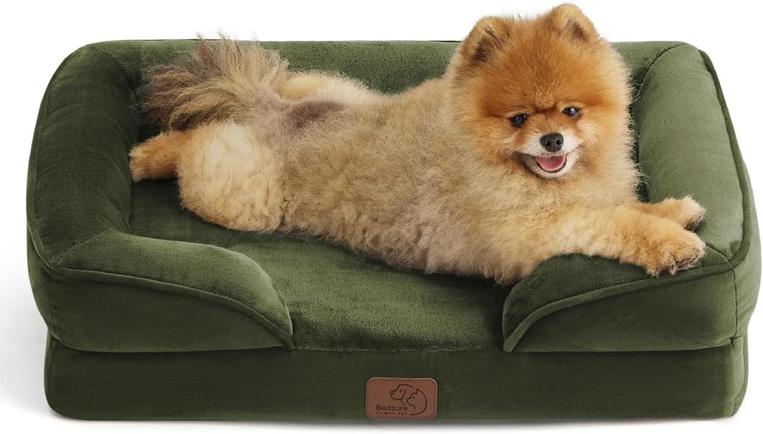 Bedsure Small Orthopedic Dog Bed - Washable Bolster Dog Sofa Beds for Small Dogs, Supportive Foam Pet Couch Bed with Removable Washable Cover, Waterproof Lining and Nonskid Bottom Couch, Winter Moss (24.0"L x 18.0"W x 6.0"Th)