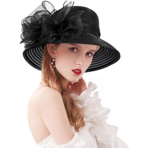 Z&X Organza Church Fascinator Wedding Tea Party Derby Hats for Women Flower Wide Brim Sun Hat (06c Black)