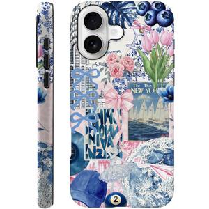DAIZAG Case Compatible with iPhone 17,Fit Shockproof Cover for Women Girls,Collage Tulip Lotus Flower Bow Blue