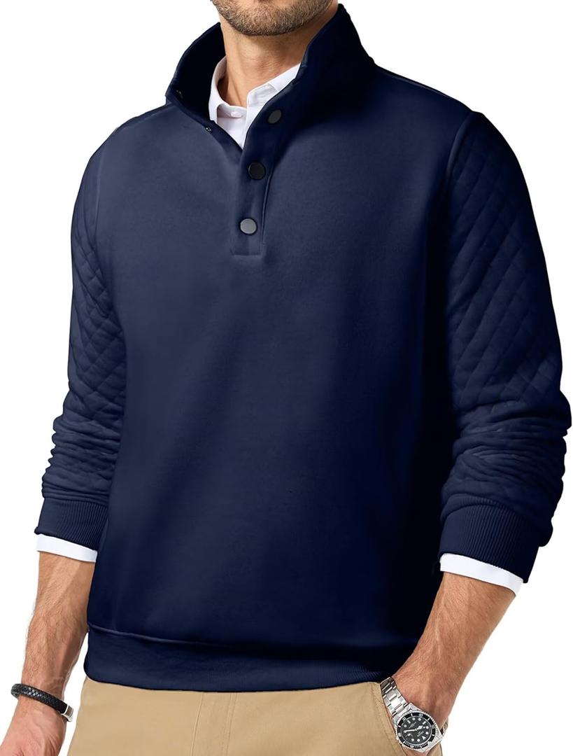Quilted Sweatshirts for Men Quarter Button Pullover Sweater Casual Mock Neck Thermal Fleece Pullover Sweatshirt (Medium, Navy Blue)