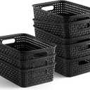 [ 8 Pack ] Plastic Storage Baskets - Small Pantry Organization and Storage Bins - Household Organizers for Laundry Room, Bathrooms, Kitchens, Cabinets, Countertops, Under Sink or On Shelves - Black