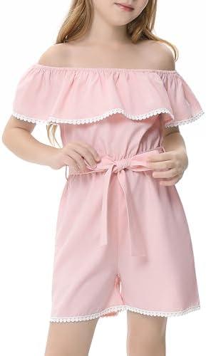 LIONJIE Girls Jumpsuit One Piece Ruffle Romper Kids Sleeveless Christmas Jumpsuit with Elastic Waist Bow Strap Size:150