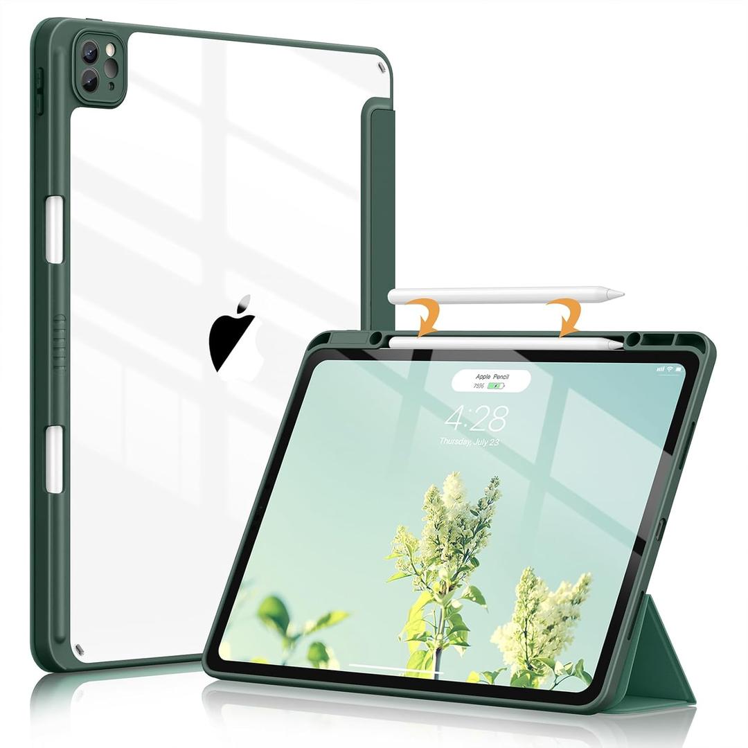 Soke Case for iPad Pro 12.9 Inch (6th/5th/4th/3rd Generation, 2022/2021/2020/2018) - Pencil Holder + Auto Sleep/Wake + Camera Protection, Transparent Shockproof Back Cover, Midnight Green