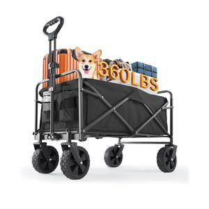 Sweetcrispy Collapsible Foldable Wagon Cart, Large Capacity Garden Cart with Wheels, Heavy Duty Utility Grocery Wagon with Drink Holders for Shopping Sports Camping, Large Black