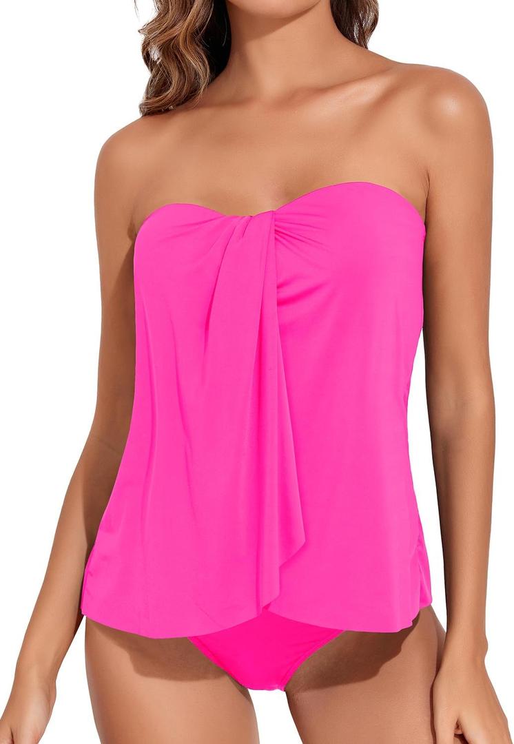 Tempt Me Two Piece Tankini Bathing Suits for Women Halter Bandeau Swim Top with Bottom Flyaway Tummy Control Swimsuit (Large, Hot Pink)