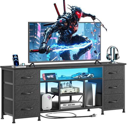 Furologee LED TV Stand for 55, 60 Inch TV, 55 Inch Entertainment Center with Power Outlets, 6 Fabric Drawers Dresser for Bedroom, Media Console with Open Shelves, PU Leather Surface, Black