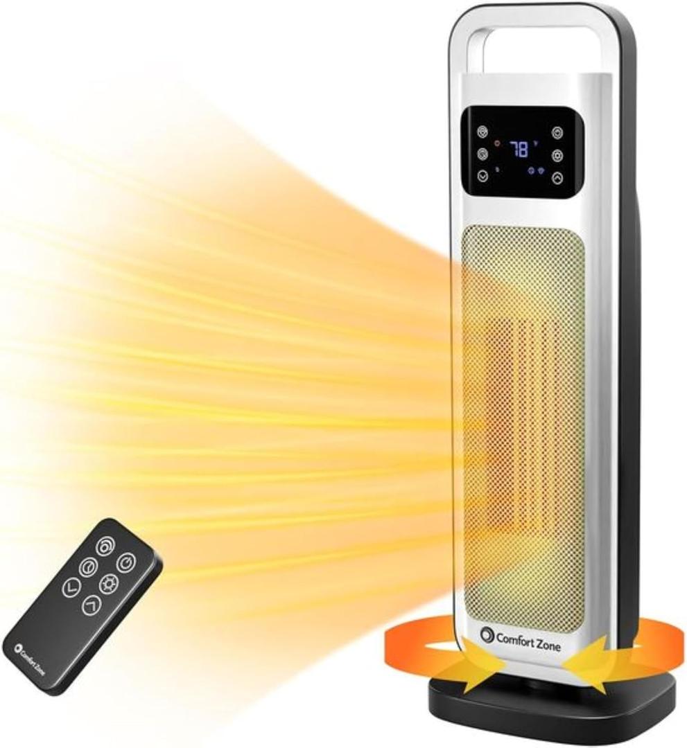 Comfort Zone 26 Oscillating Digital Tower Heater Portable Ceramic Space Heater with Remote, Adjustable Thermostat (50F-90F), 24-Hour Timer, ECO Mode & Overheat Protection ETL Certified, White
