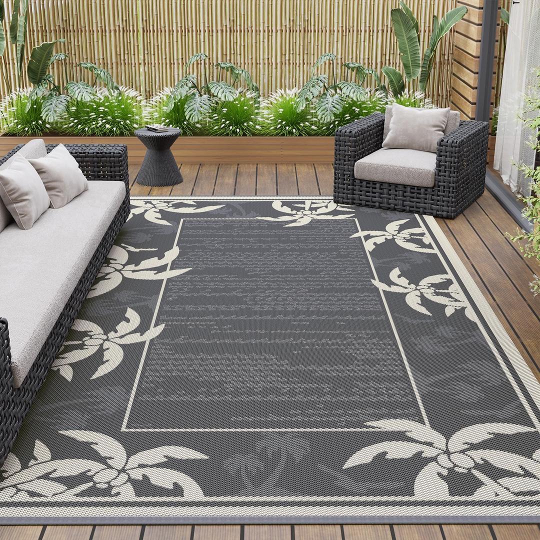 COCOER Outdoor-Rug 9x12 ft Waterproof Outdoor Plastic Straw Rug Reversible RV Indoor Outdoor Carpet Quick Dry Patio Rug Camping Mat for Balcony Backyard Picnic Beach-Grey&Beige
