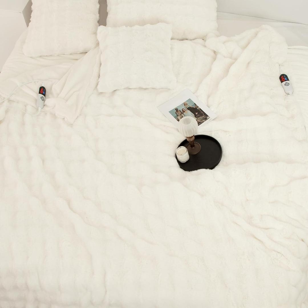 VELLUBAM Faux Rabbit Fur Bubble Queen Size Heated Blanket White  Fluffy Thick Electric Blanket Queen with Dual Control, 6 Heating Levels & 10 Timer Settings, Overheat Protection, Home Decor,84" x 90"