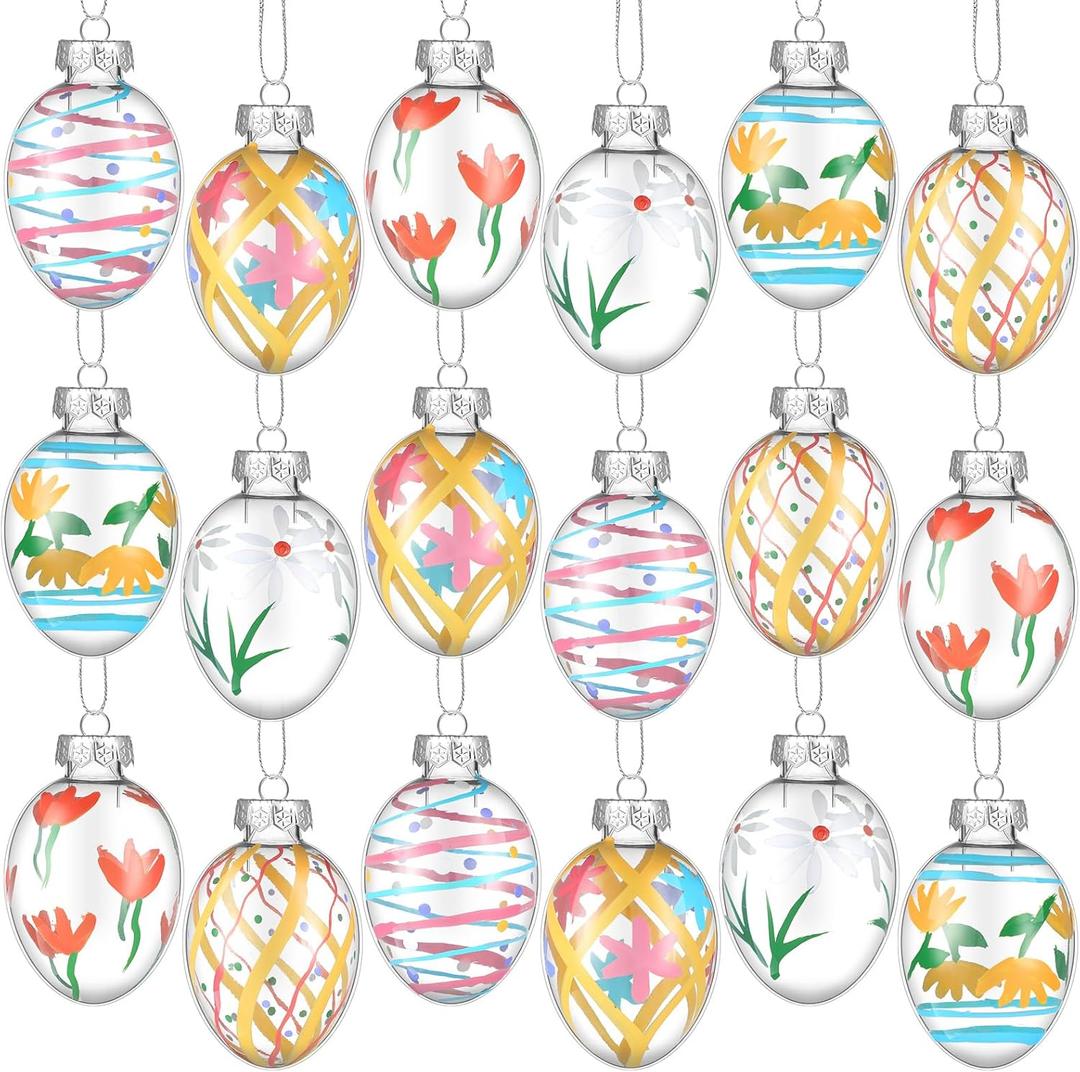 18 Set Hand Painted Pastel Glass Easter Egg Ornaments, Easter Home Decor, Spring Mini Tree Decorations, Outdoor and Indoor Use, 1.2 Inches x 2 Inches, 6 Designs