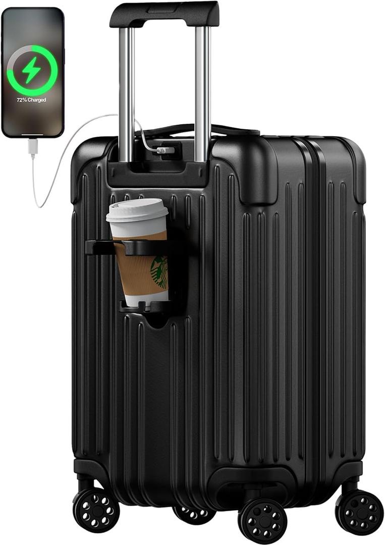 Krute Carry on Luggage 20 Inch USB Suitcases with Spinner Double Wheels Cup Holder PC+ABS Hardside Luggage with TSA Lock (Black)