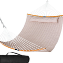 SUNCREAT 13.8 FT Hammocks Quilted Fabric Double Hammock with Detachable Curved Bamboo Spreader Bar and Soft Pillow, Max 450 lbs Capacity, Tan (74.8"L x 55.1"W)