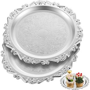 2 Pcs Silver Serving Plates 9.8 Inch Round Platter Serving Tray Decorative Vintage Metal Dessert Plates Vanity Trinket Dishes Jewelry Storage for Wedding Birthday Party Centerpiece