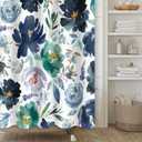 Dark Blue Flower Shower Curtain,Navy Blue Floral Shower Curtain Set for Bathroom,Blue Green Watercolor Flower Fabric Bath Curtain with Hooks, 72x72in