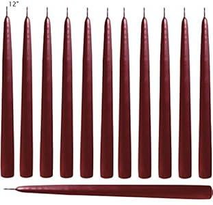 Burgundy Taper Candles 12 Inch Tall Dripless Smokeless Elegant Premium Quality Unscented Hand-Dipped Set of 12 for Wedding, Dinner, Formal Candlelighting Made in USA