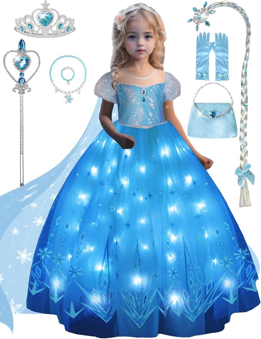 Princess Costume for Girls, Light Up Princess Dress with Accessories, Wand, Cape, Crown, Bag, Halloween Dress Up Clothes for Girls, Christmas Princess Costume for Girls, 140 (8-9 Y)