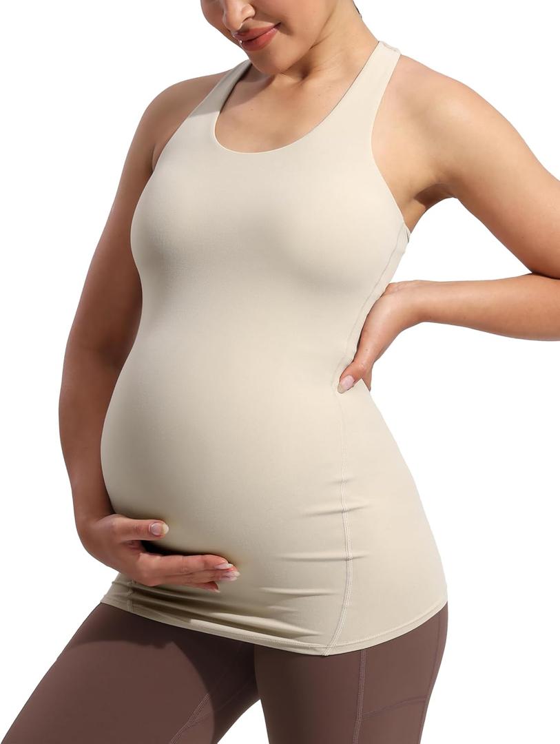 POSHDIVAH Women's Maternity Tank Tops with Built in Bra Padded Sleeveless Pregnancy Yoga Tee Workout Shirt Clothes (Large, Khaki)