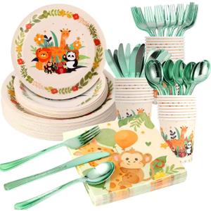 175 PCS Jungle Party Plate Set, Animal Theme Party Decorations, Wildlife Theme Disposable Tableware Set, Kids Birthday Plate Decorations. (25 guests)