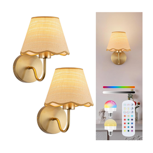 ADISUN Battery Operated Wall Sconce Set of 2, Gold Wall Lamps Rechargeable Bulbs for Living Room, Rattan Shade Wireless Wall Lights for Bedroom Living Room Hallway Kitchen(2 Bulbs Included)