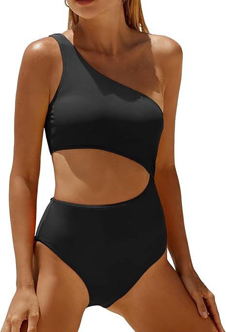 Women's One Piece Swimsuit- One Shoulder Bathing Suit Cutout Tummy Control Swimwear
 (Small, Black)