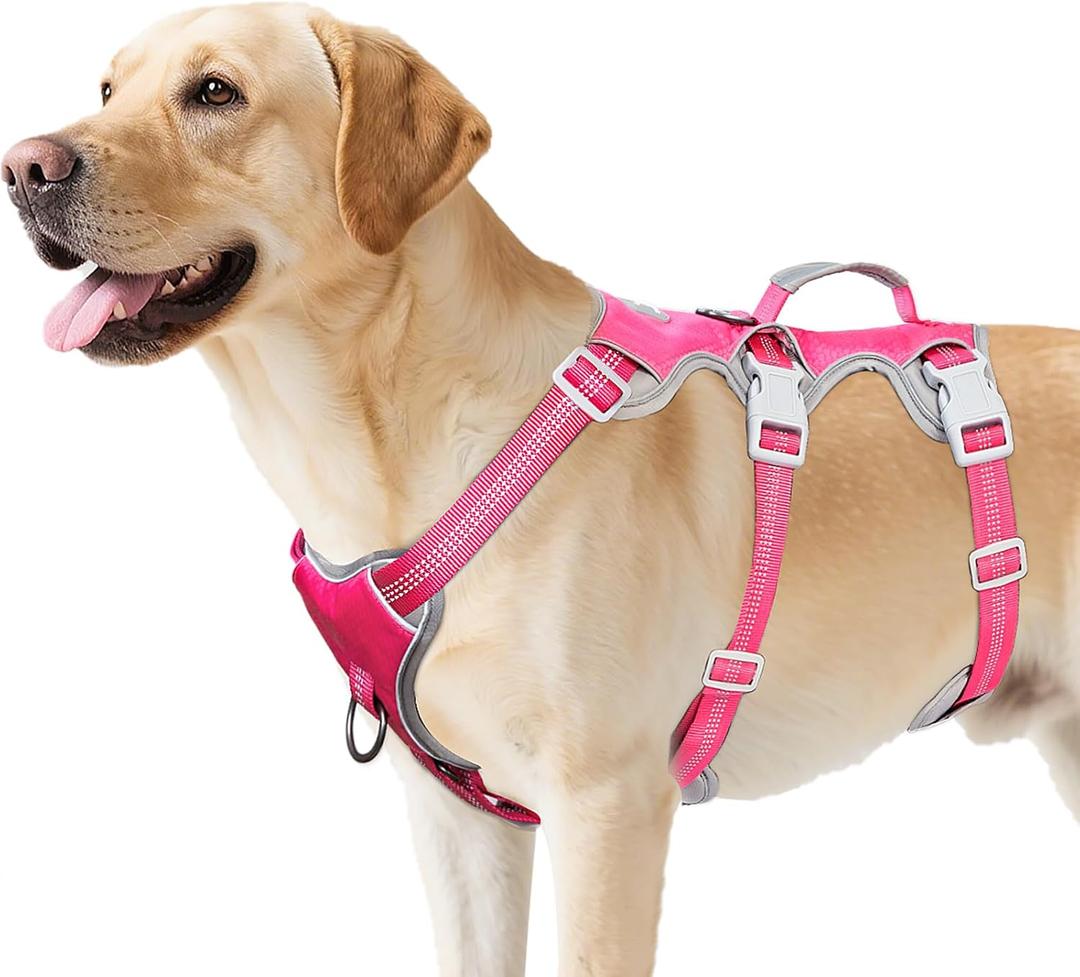 Huntboo Escape Proof Harness, No Slip Dog Harness Escape Proof, Reflective Harness with Handle, Breathable, Durable, Adjustable Vest for Large Dogs Walking, Training, and Running Gear (Rose red, L) 