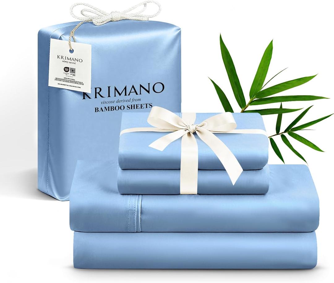 Queen Size Sheet Set, Viscose Bamboo Sheets for Bed Set 4pcs, 100% Viscose Derived from Bamboo, Hotel Luxury Silky & Cooling for Hot Sleepers, Deep Pocket Up to 17", Light Blue
