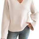 Yousify Womens V Neck Oversized Sweaters Long Sleeve Knit Pullover Trendy Casual Chunky Sweater (Beige, M)