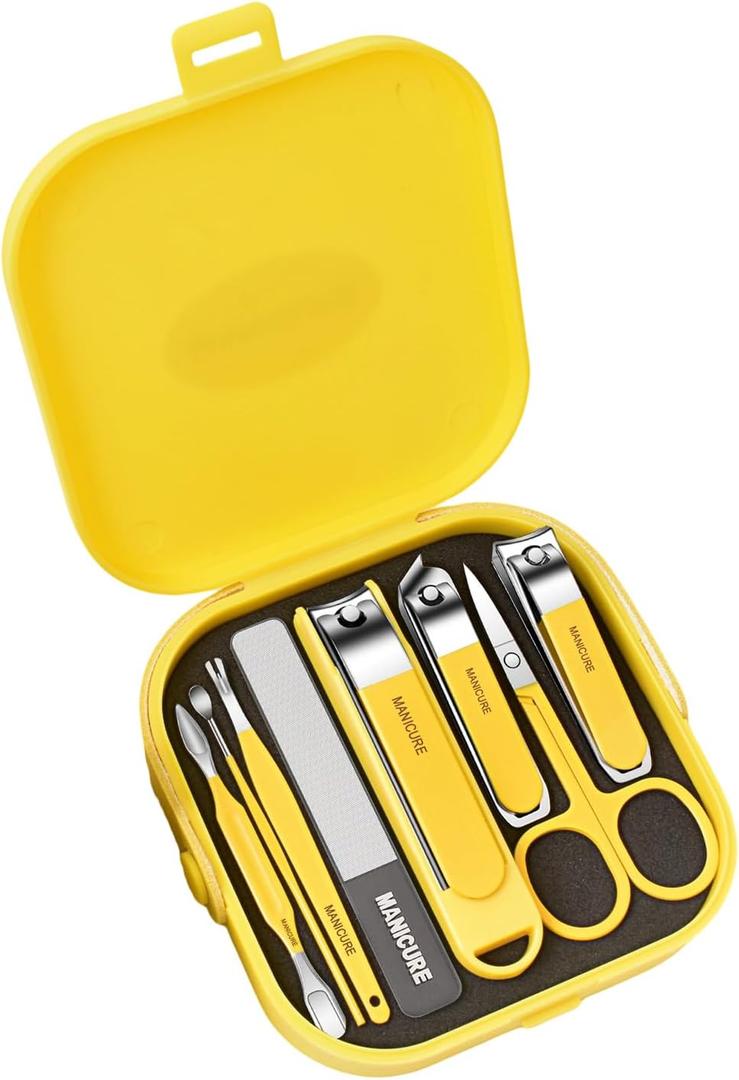 Manicure Set 8 in 1 Stainless Steel, Manicure Pedicure Grooming Kit Set, Nail Clippers Scissors Pedicure Tools Kit - Portable Travel Grooming Kit for Men and Women with Yellow Leather Case