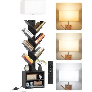 9 Tier Tree Bookshelf with Light, Remote, Timer & Cabinet, Dimmable Modern Tall Floor Standing Corner Book Shelf, Small Narrow Wood Bookcase for Living Room, Bedroom, Office(Black)