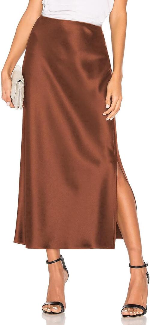 Women's Satin Midi Skirt Dressy Elastic High Waisted Silk Slip Flowy Ruffle Flared Cocktail Party Work A Line Skirts (Copper) XL 