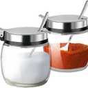 Hewnda 2Pcs Sugar Salt Container Set, 8 oz glass jar with lid and spoon for storing condiments, coffee, sugar cubes, spices and more