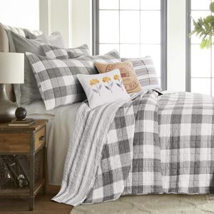 Levtex Home - Camden Bedspread Set - King (120 x 118 in.) + Two King Pillow Shams (36 x20 in.) - Buffalo Check in Grey and Cream - Reversible Pattern - Cotton