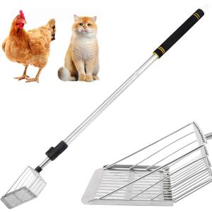 Chicken Poop Scooper, 35in to 64in Long Chicken Coop Litter Scoop with Telescopic Pole and Multifunctional Shovel Detachable Non-Stick Sifter with Foam Grip for Separate Poop Debris from Sand