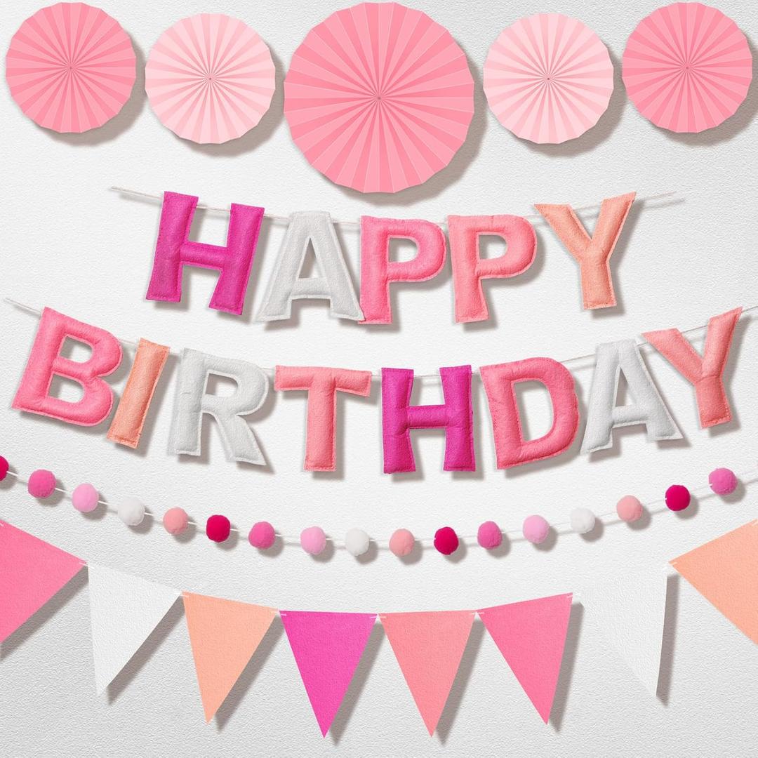 Pre-Strung Happy Birthday Banner, Reusable Felt Birthday Party Decorations, 3D Effect Happy Birthday Sign with Felt Ball Garland, Pennant Flag, Hanging Paper Fans for Men Women Boy Girls (Pink)