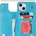 iCoverCase Compatible with iPhone 13 Wallet Phone Case with Card Holder for Women, RFID Blocking Embossed PU Leather Wrist Strap Case 6.1 Inch (Macaron Blue)