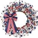 4th of July Independence Day Red White Blue Berry Wreath with Bow, ZOXILEN 20 inch American Flag Stars Wreath Patriotic Decoration, Memorial Flag Veterans Day Berry Hanging Decor